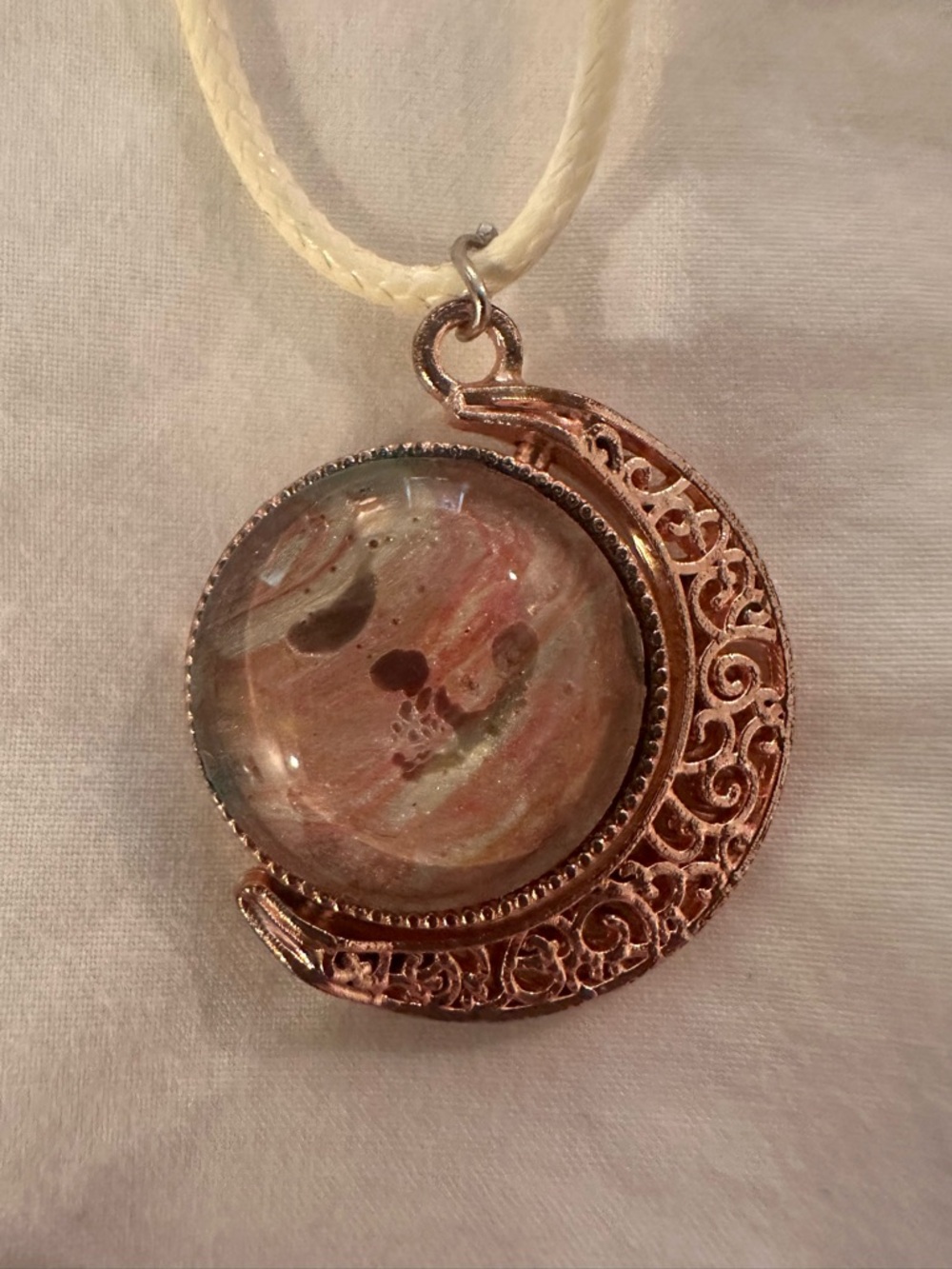 Filigree Crescent Pendant Necklace with Pink Marble Cabochon